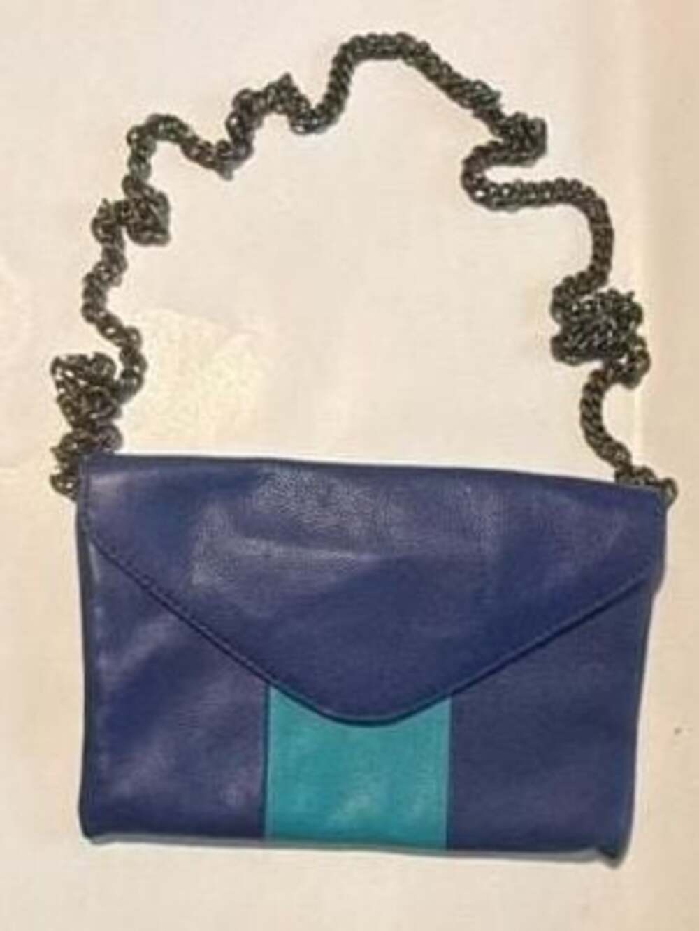 J. Crew Blue and Teal Leather Envelope Chain Link Shoulder Bag Purse Clutch